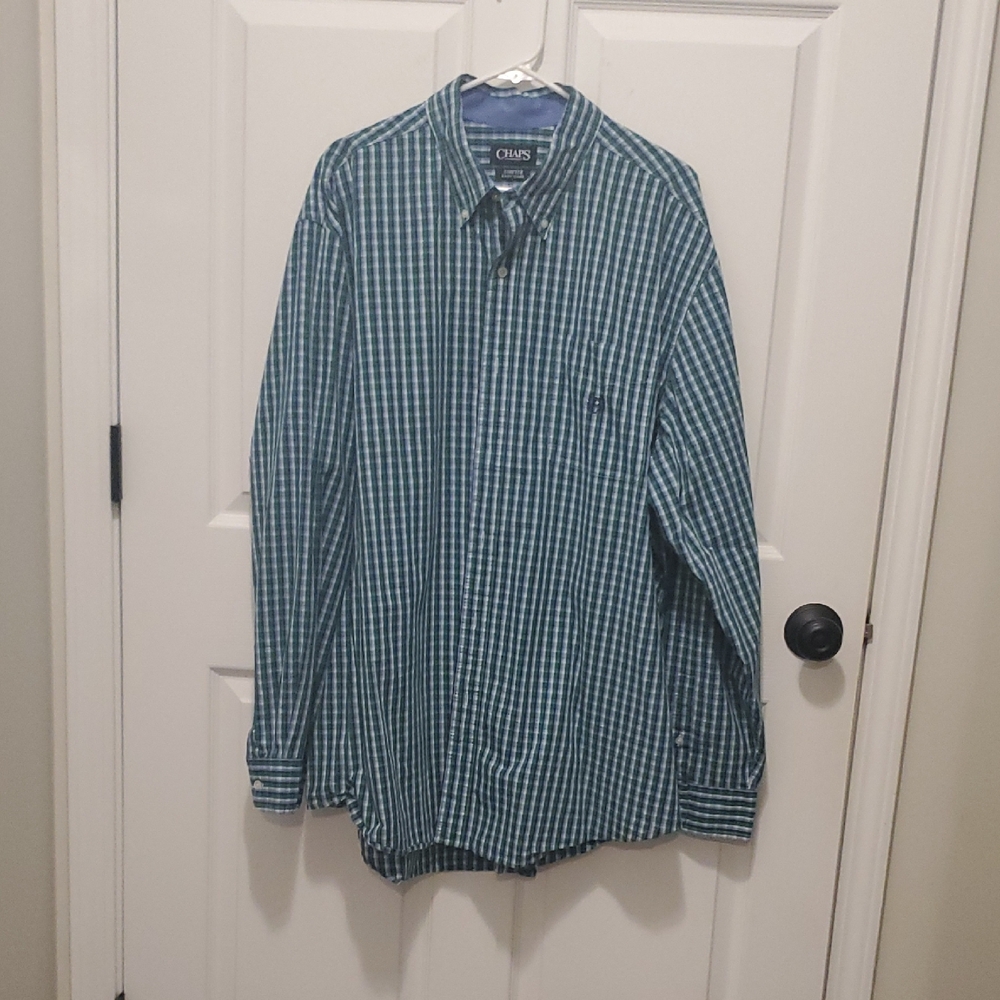Chaps Teal and White Plaid Long-Sleeve Button-Down Shirt